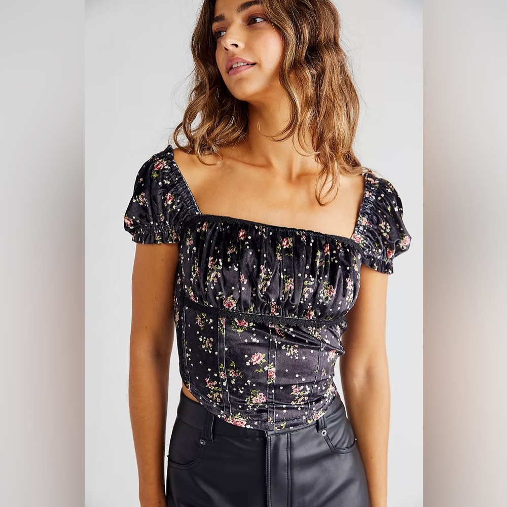 NWOT Free People Louise Lace Trim Ditsy Rose Floral Velvet Rose Corset Top Large